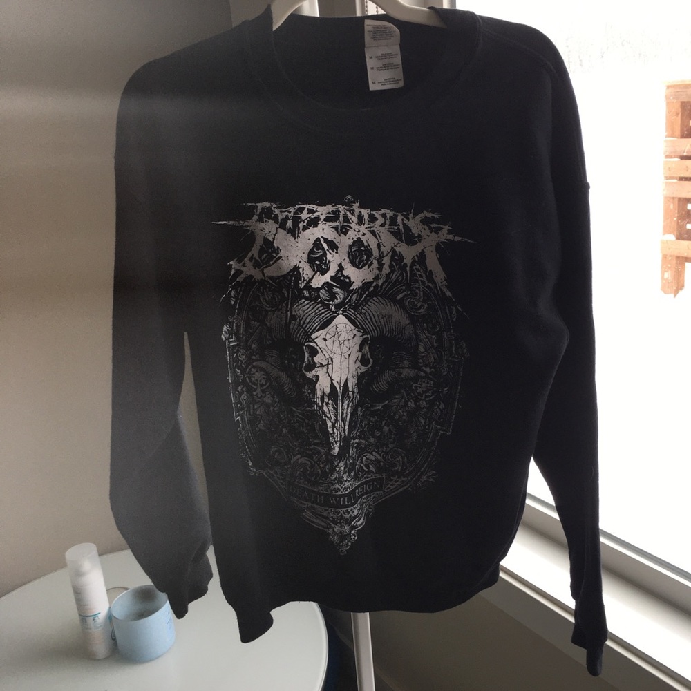 Impending doom crew neck sweater black some staining see photos